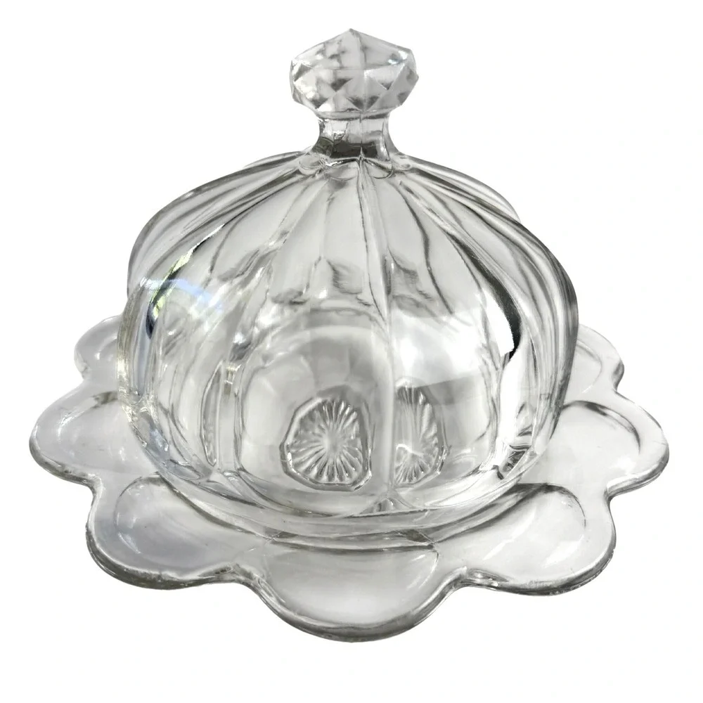Vintage Large Clear Glass Round Butter Dish Scalloped Plate Domed Lid 8 Inch
